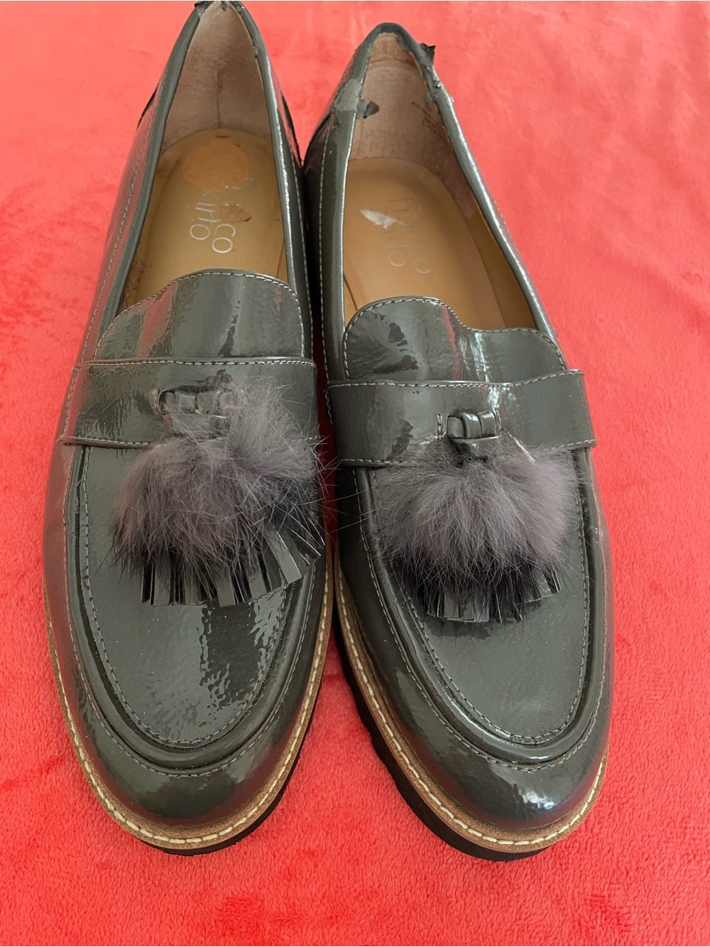 Patent Leather Tassel Loafers with Pom Pom - kayak green